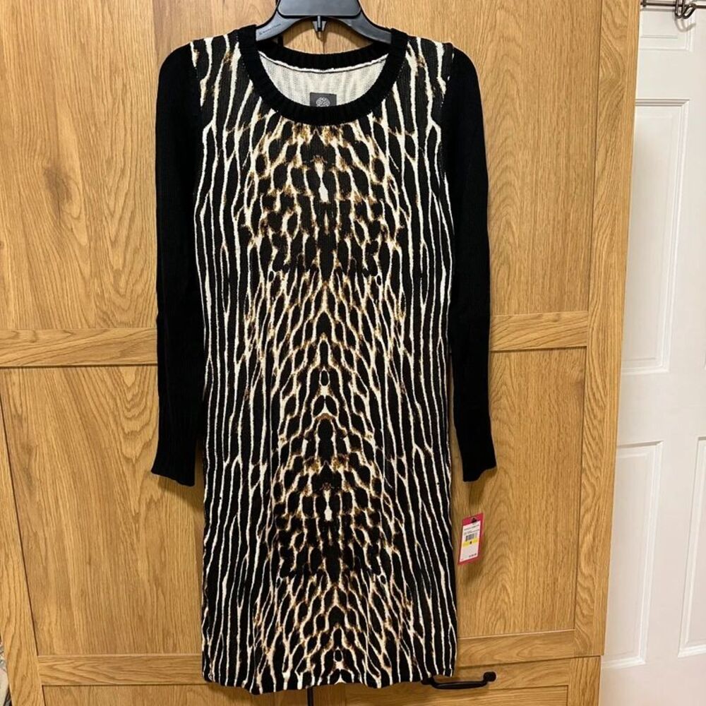 Vince Camuto Animal Print Sweater Dress Medium Black Tan Long Sleeve NWT